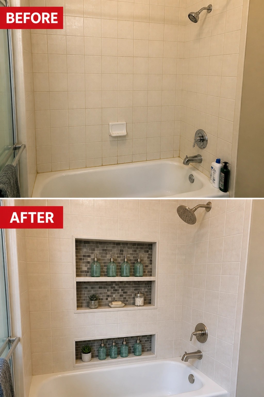 Before-and-after image of a basic bathtub shower transformed with built-in recessed storage niches.