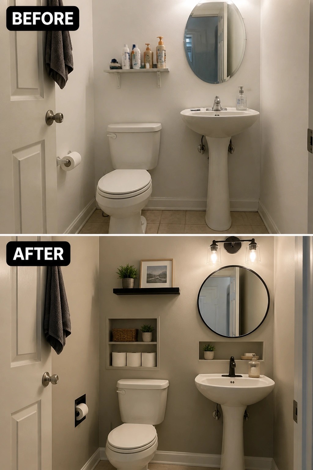 Before and after views of a small bathroom with modern beige and black updates.