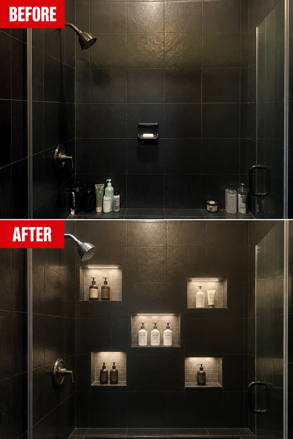 Before and after of dark tiled shower with added illuminated recessed niches.