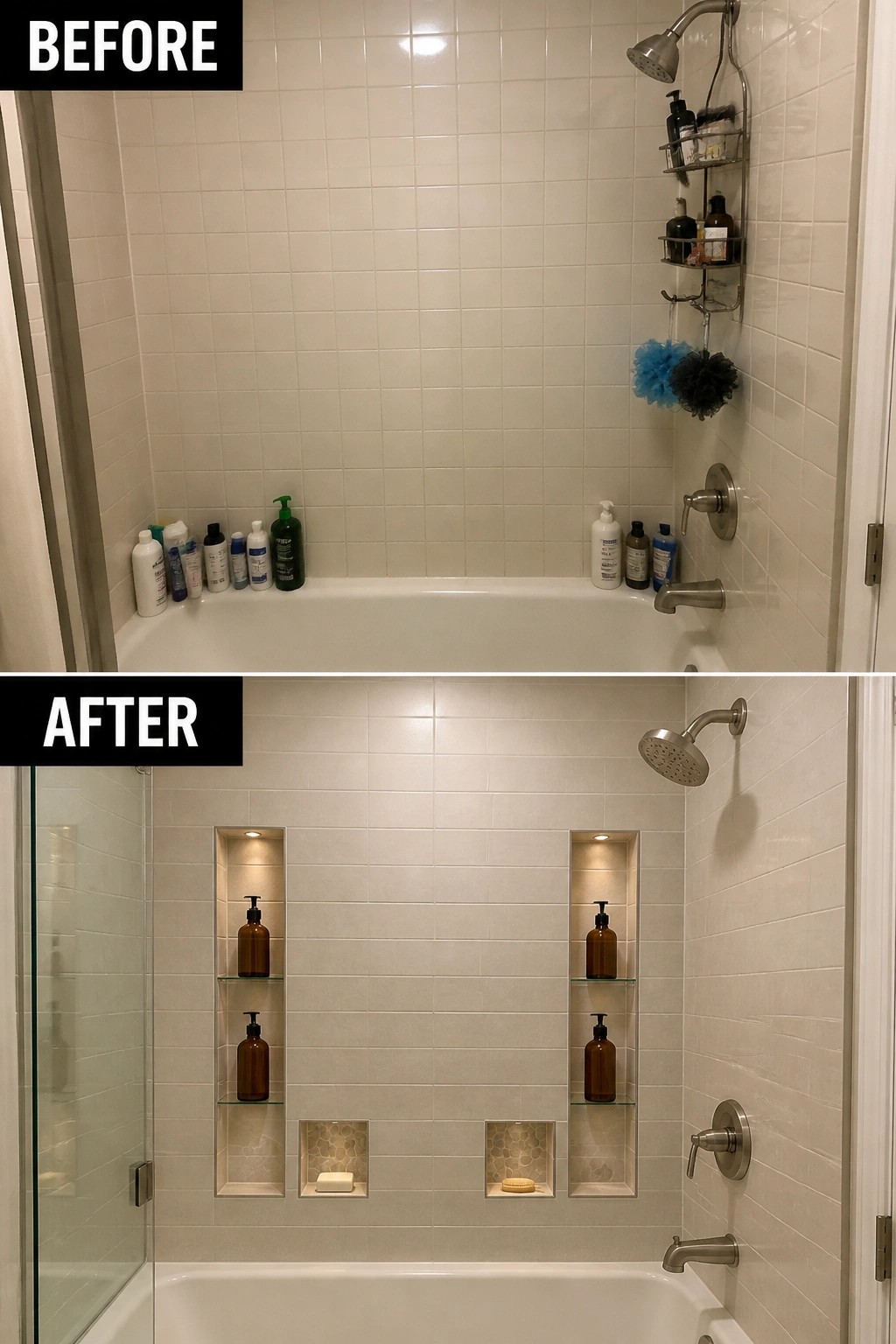 Before and after of white tiled shower with ledge bottles versus recessed niches