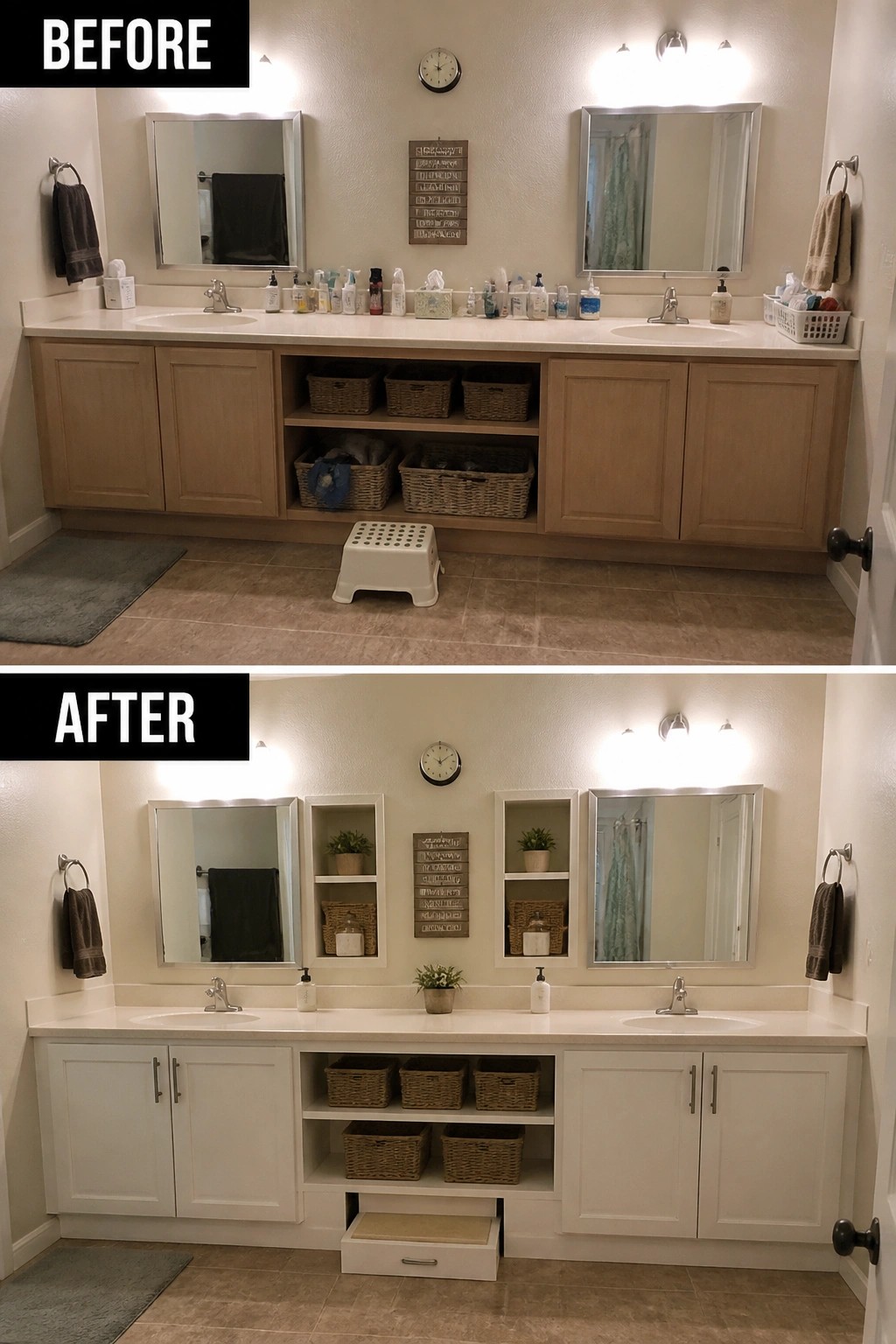 Before and after of cluttered wood bathroom vanity renovated into organized white cabinets with shelves.