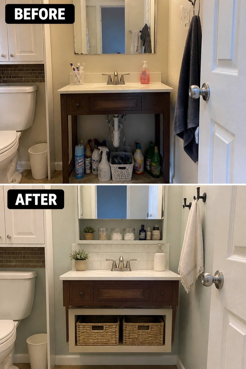 Before-and-after image of a bathroom vanity with open under-sink storage changed into an enclosed shelf holding two woven baskets.
