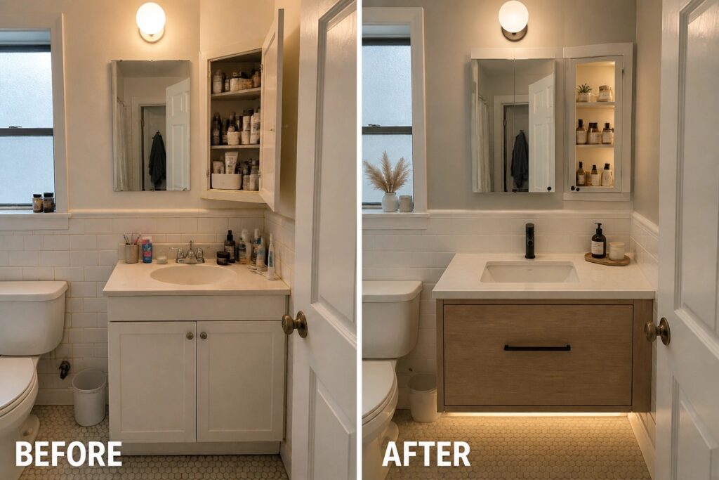 Before-and-after bathroom remodel with new floating vanity, mirror, and lighting