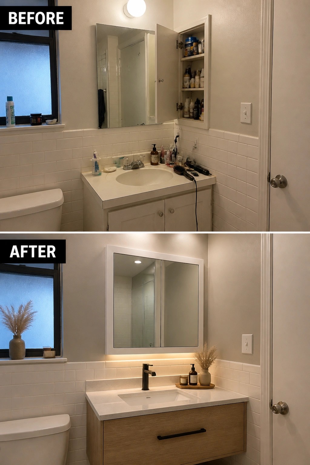 Before-and-after bathroom remodel with new floating vanity, mirror, and lighting