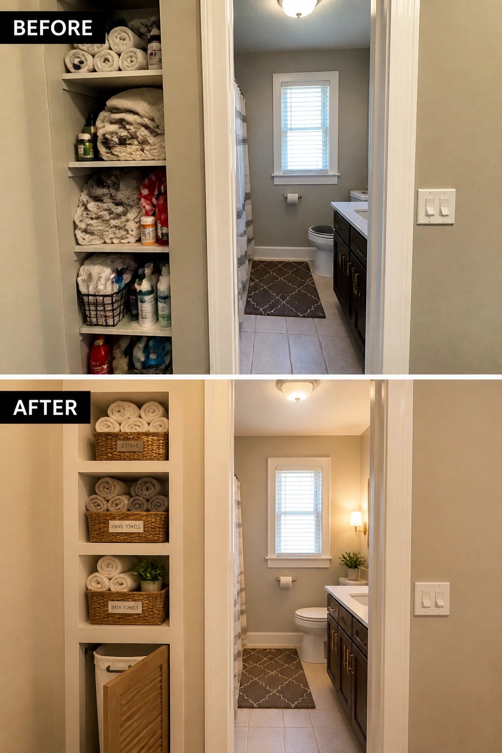Before-and-after bathroom closet makeover from cluttered to neatly organized with labeled baskets.