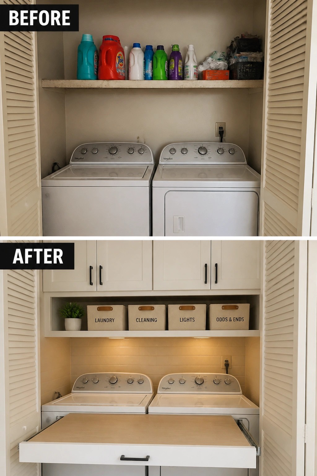 Before-and-after image of a cluttered laundry closet with open shelving changed into an organized space with upper cabinets, labeled bins, under-cabinet lighting, and a pull-out countertop.