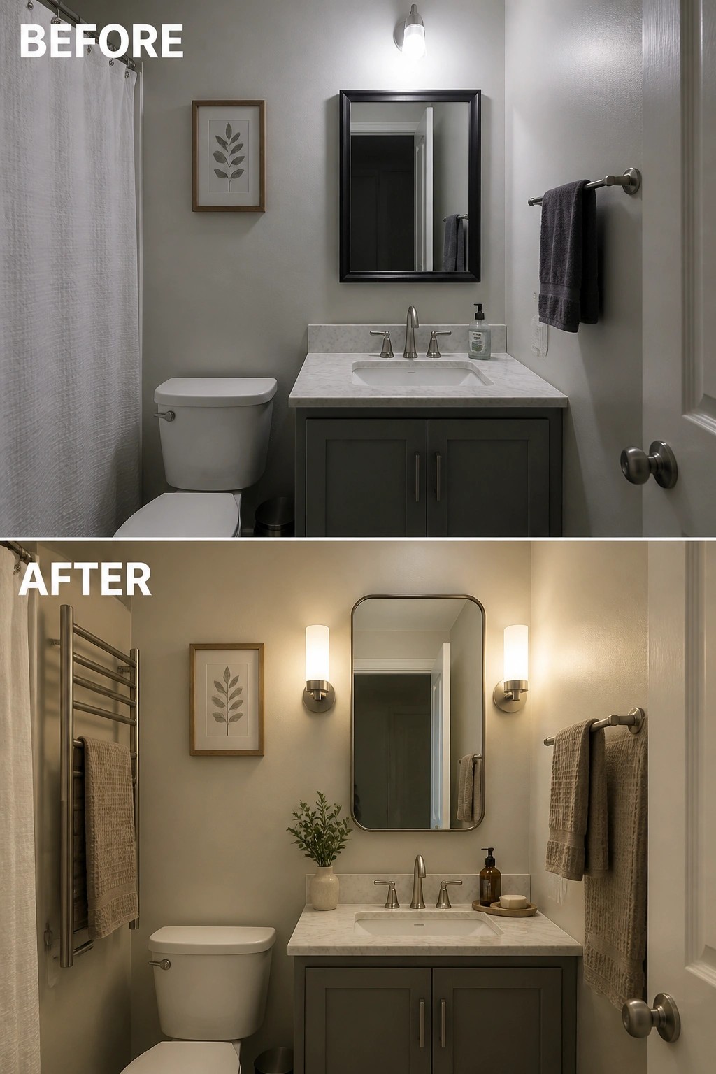 Before-and-after image of a small bathroom updated with wall sconces, warmer towels, and a small plant.
