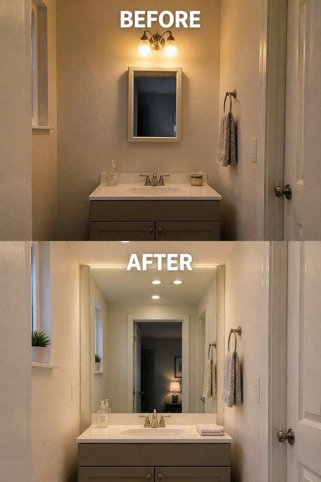 Before and after bathroom renovation showing updated mirror, lighting, and vanity details