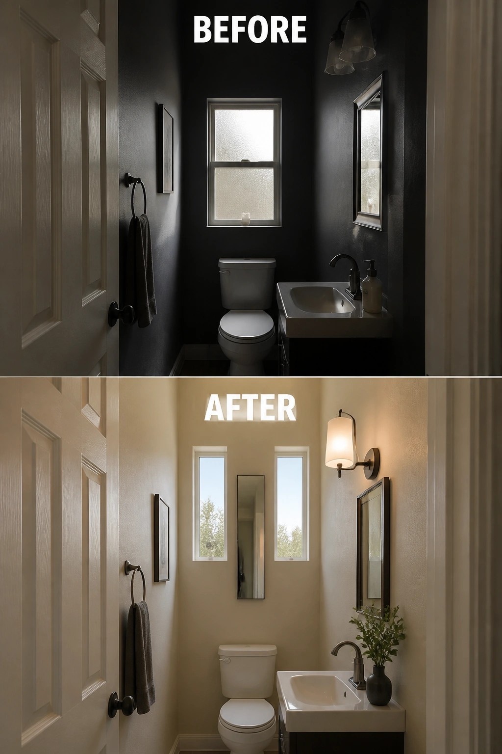 Before and after views of narrow bathroom remodel from dark to light tones