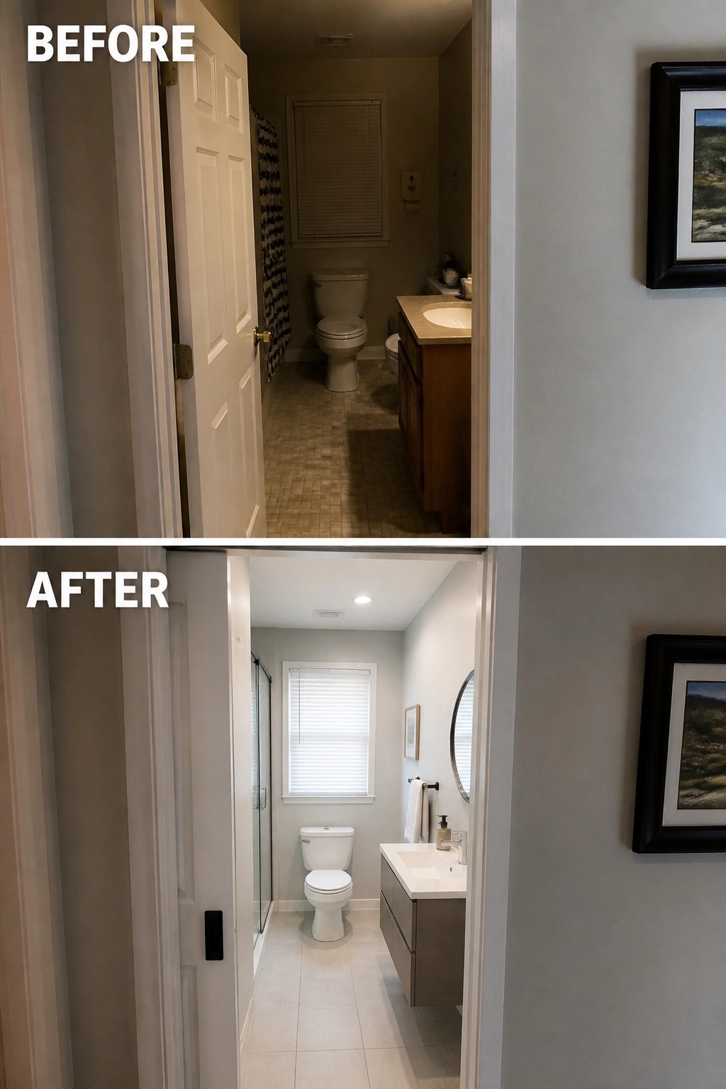 Before-and-after image of a small narrow bathroom changed from dark wood vanity and beige tones to light gray walls, white tile, and a modern floating vanity.