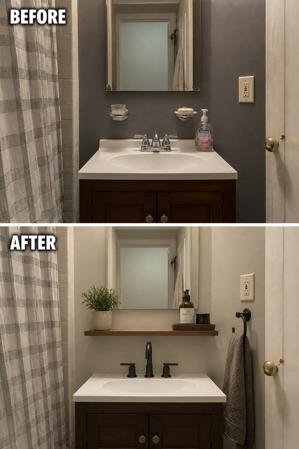 Bathroom sink vanity before and after with new black faucet and shelf