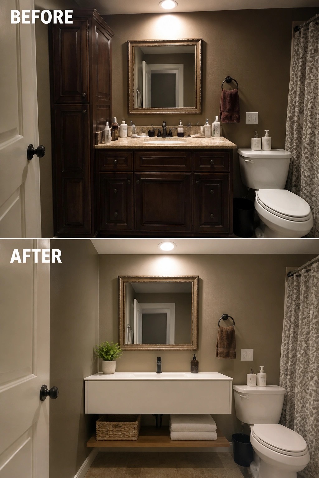 Before and after bathroom with dark wood vanity replaced by white floating sink unit.