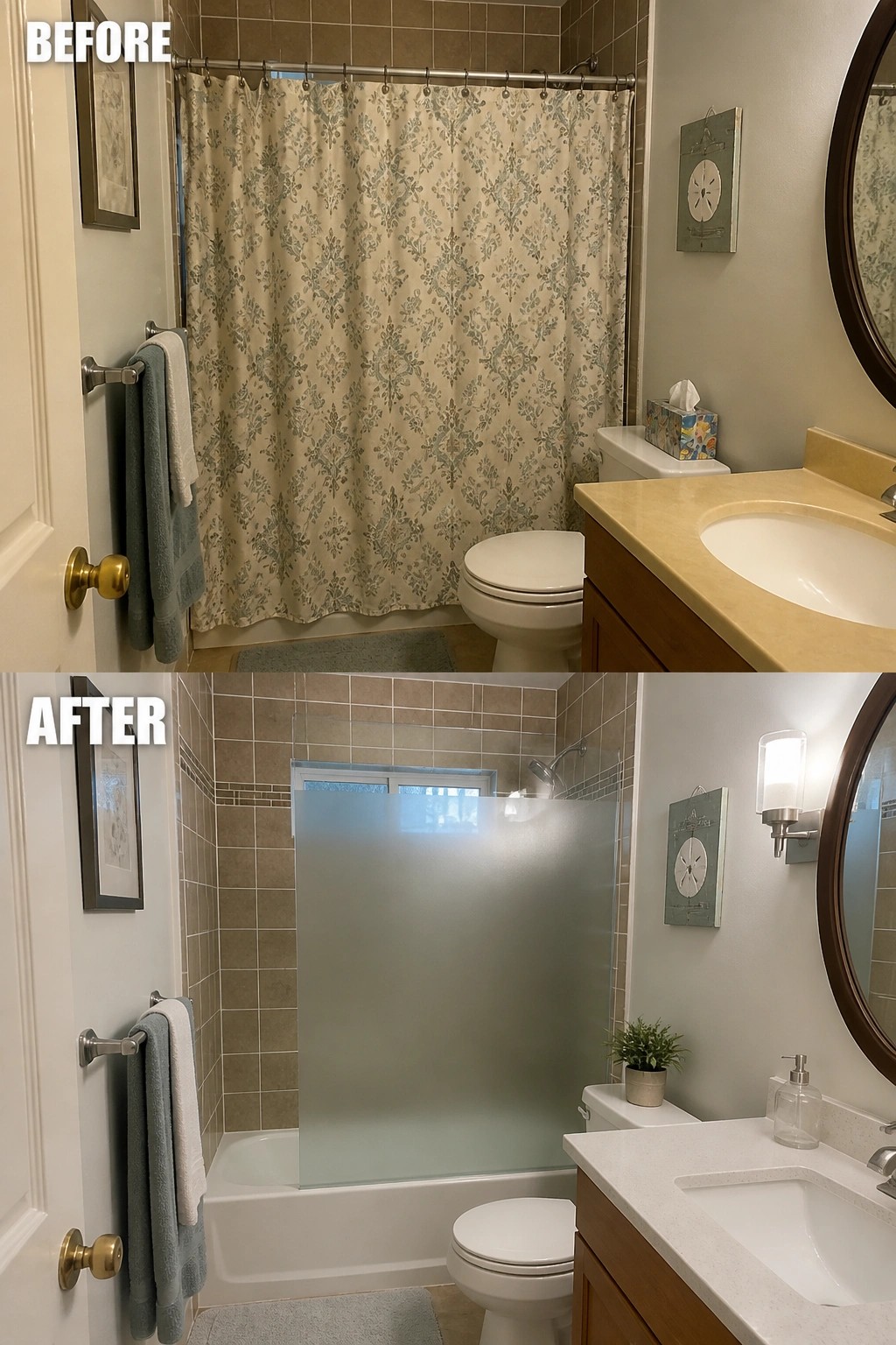 Before and after bathroom: patterned shower curtain replaced by frosted glass panel, updated vanity