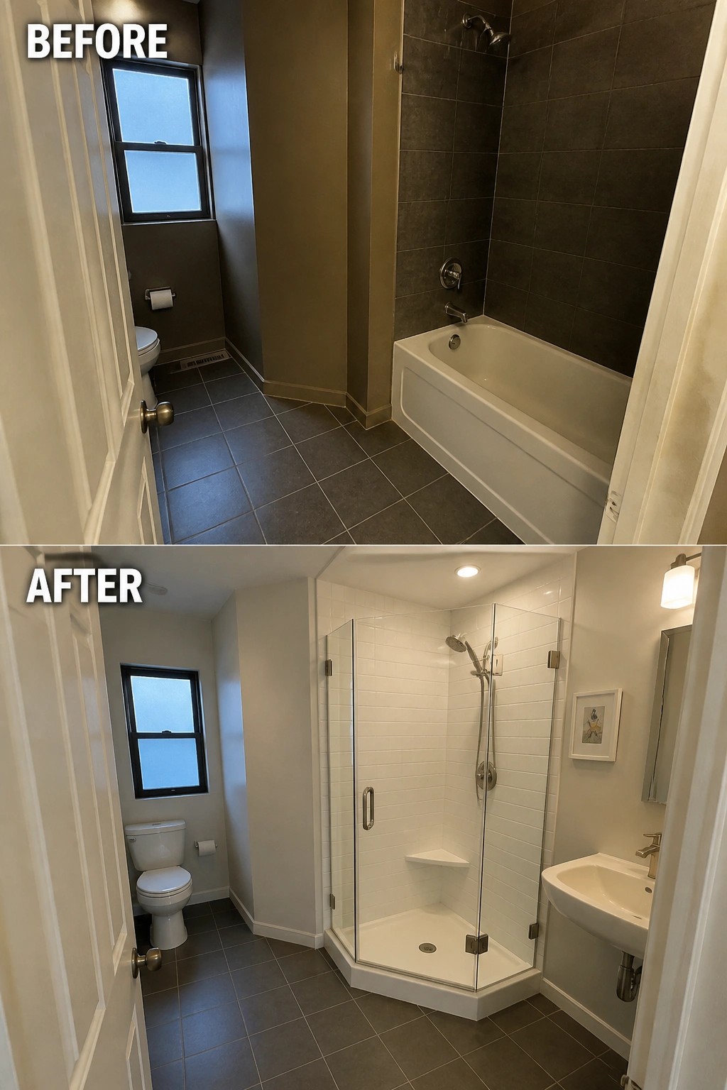 Before-and-after image of a small dark bathroom with a bathtub changed into a brighter space with a glass corner shower, added sink, and white tile surfaces.