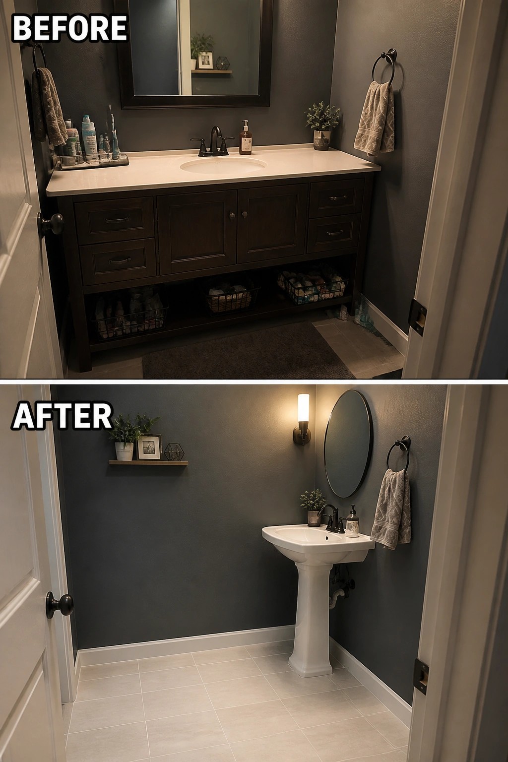 Before-and-after image of a small bathroom where a dark vanity with open storage is replaced by a white pedestal sink and a small floating shelf.