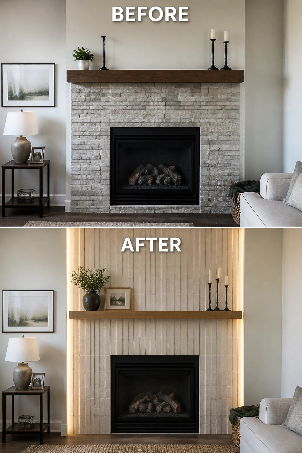 Before and after fireplace update from gray stone to backlit white tile surround