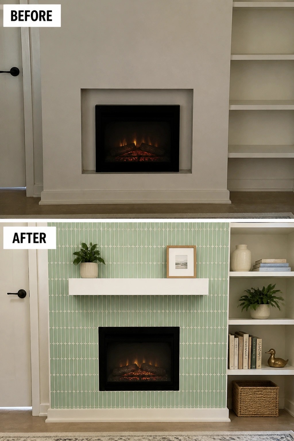 Before-and-after image of a plain fireplace wall updated with a vertical patterned tile surround, floating mantel shelf, and light styling on the surrounding built-ins.