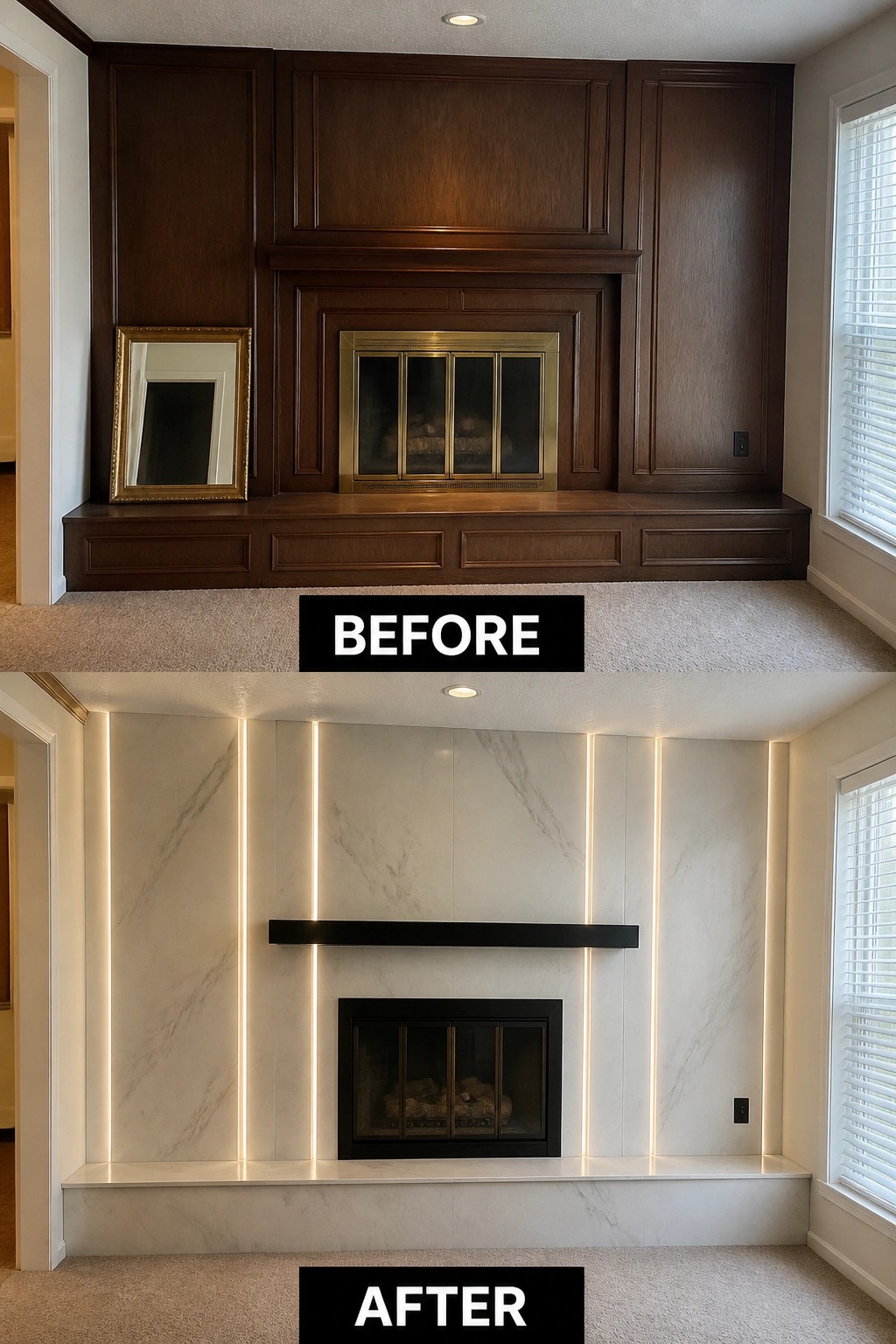 Before dark wood fireplace above modern white marble with vertical LED lights.