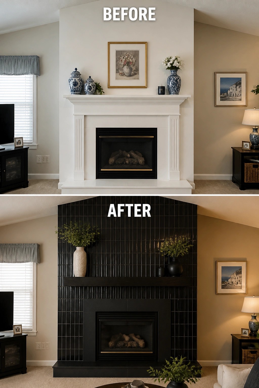 Before and after of fireplace remodeled from white traditional to modern black tile.