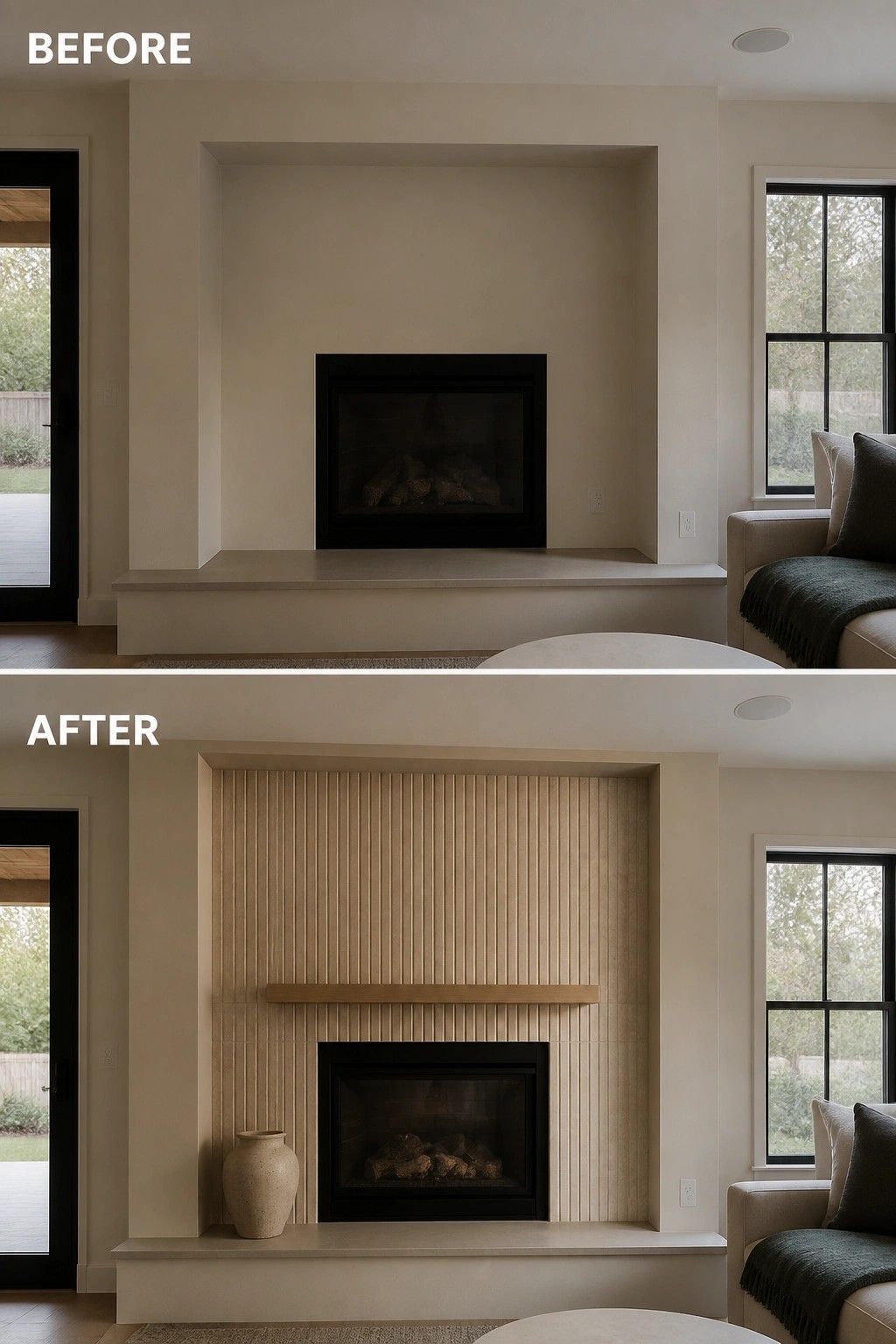 Before and after of fireplace with added vertical wood slat surround and mantel.