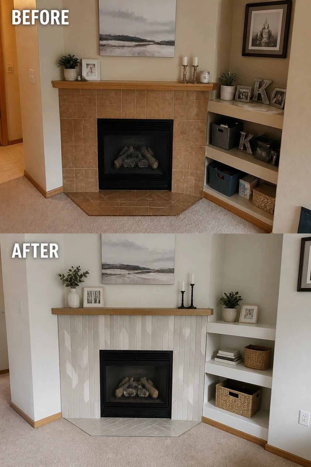Before-and-after image of a fireplace with brown tile surround updated to a white vertical tile design.