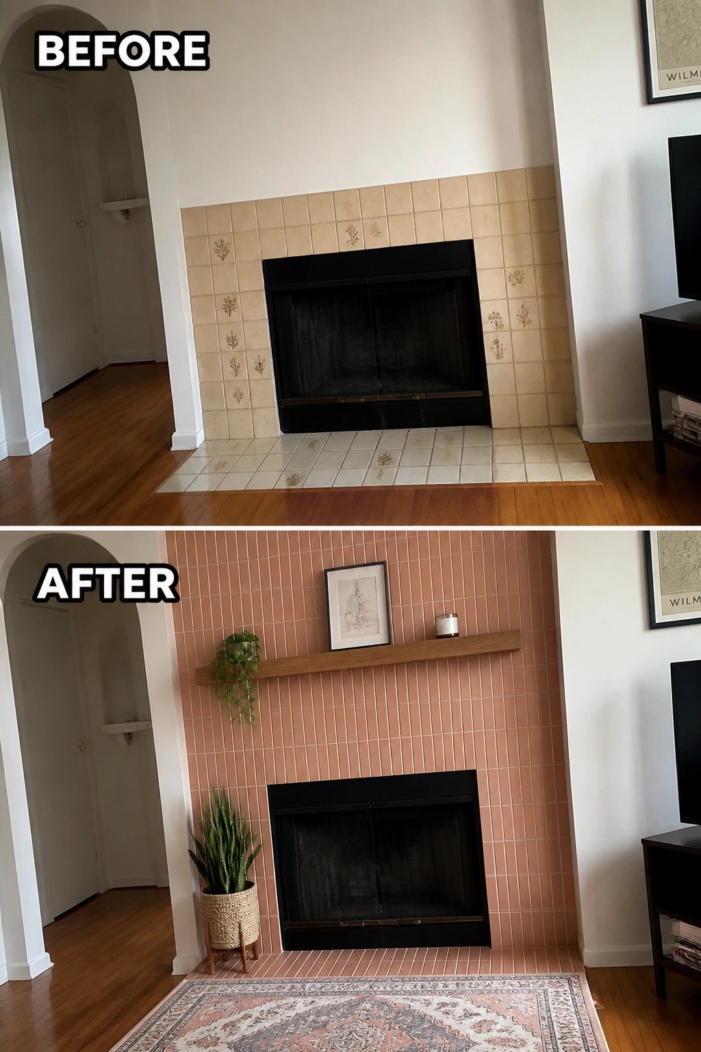 Before and after fireplace update with beige tiles replaced by pink vertical ones.