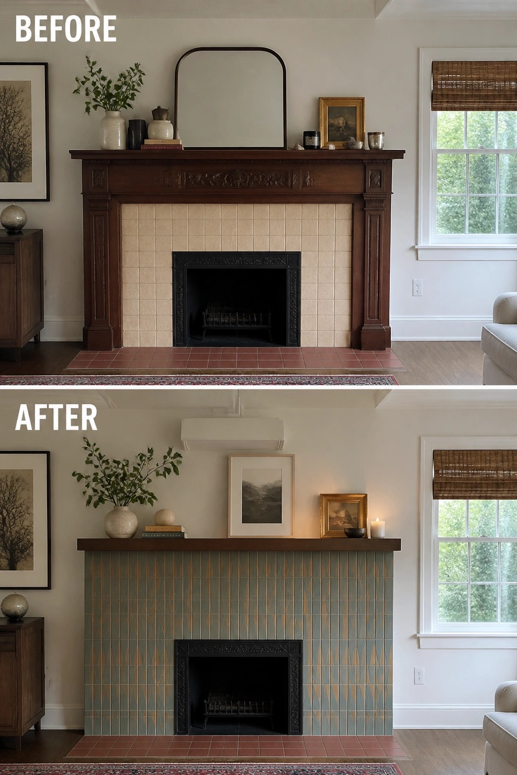 Before and after fireplace with dark wood mantel and patterned blue tiles.
