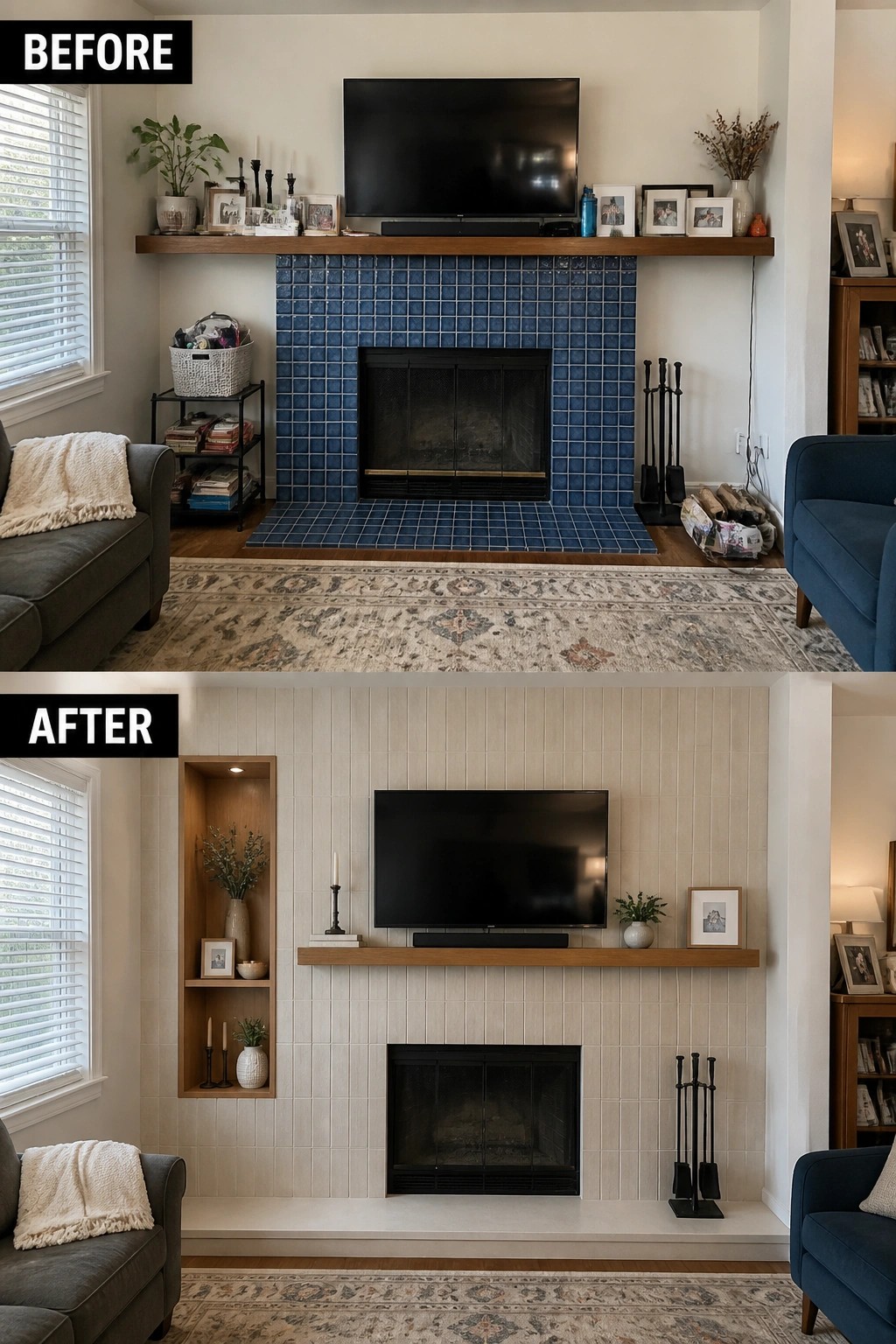 Before-and-after image of a living room fireplace changed from blue tile to light vertical tile with a recessed niche and lowered television.