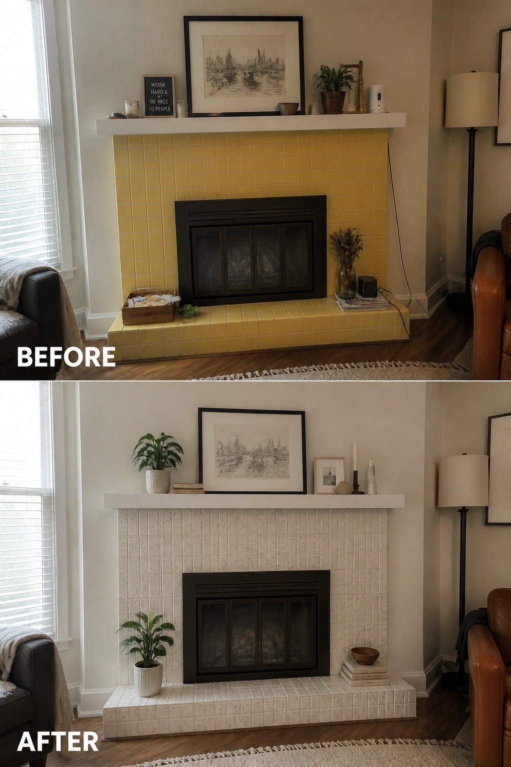 Before-and-after image of a fireplace with bright yellow tile surround changed to a light speckled neutral tile with simplified styling.