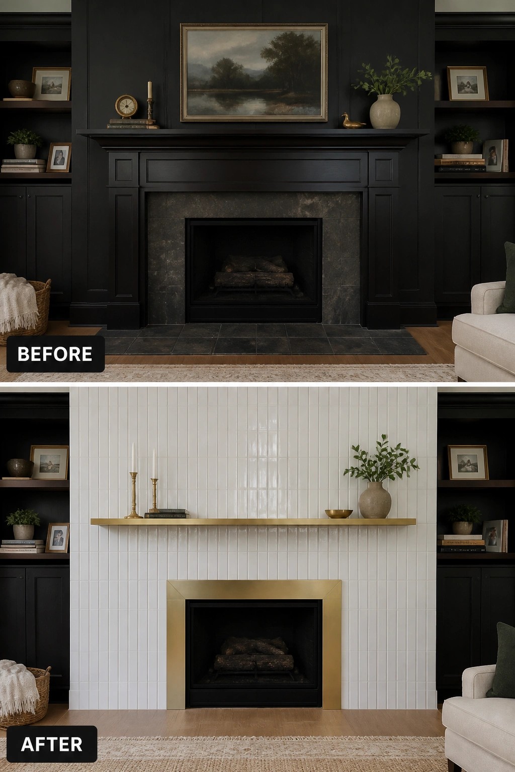 Before-and-after image of a dark fireplace wall changed to white vertical tile with a slim floating mantel.
