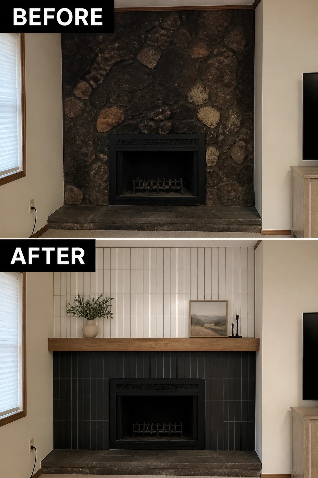 Before-and-after of stone fireplace updated with black tiles, white accents, and wood mantel.