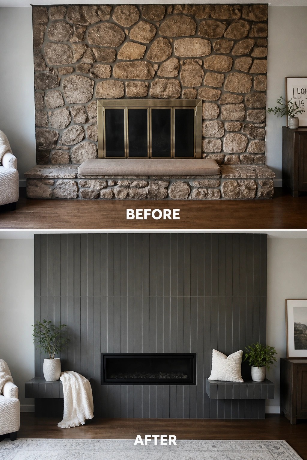 Before and after fireplace remodel: rustic stone to modern dark vertical panels with floating shelves.