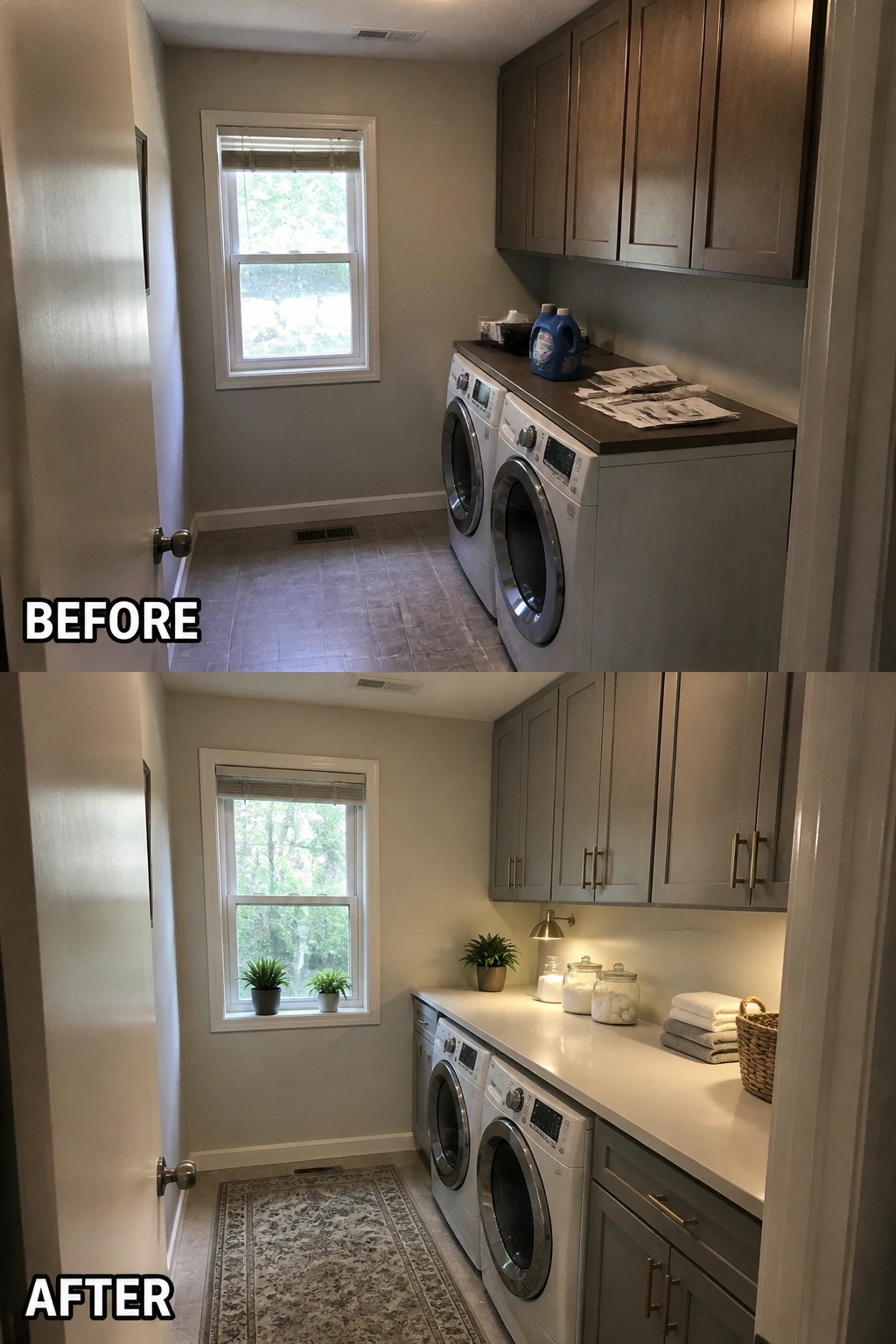 Before and after laundry room with new gray cabinets, white counters, and rug