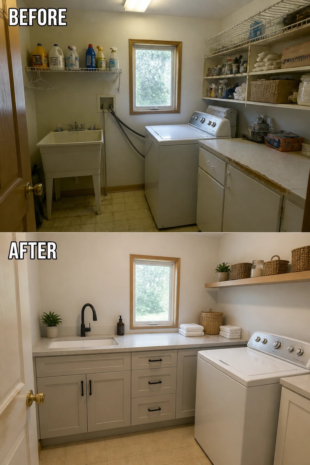 Before-and-after image of a laundry room with open shelving and a utility sink changed into one with lower cabinets and a countertop folding station.