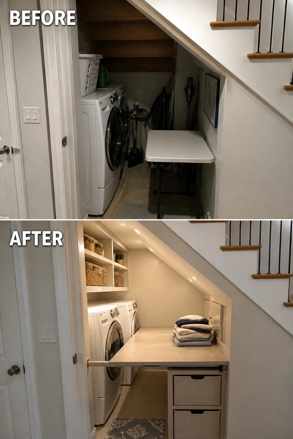 Before-and-after image of a laundry room under stairs transformed with a built-in countertop folding station, open shelves, and storage drawers.