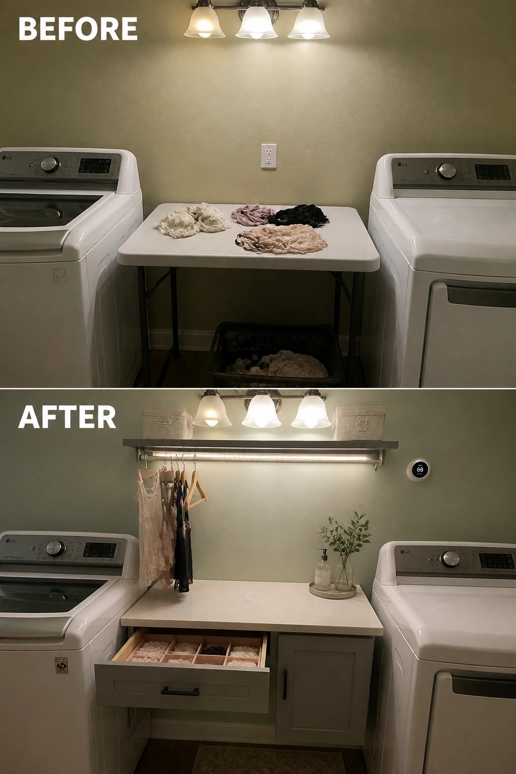 Before-and-after laundry room with white washers, hanging lingerie, open drawer, and organized shelves