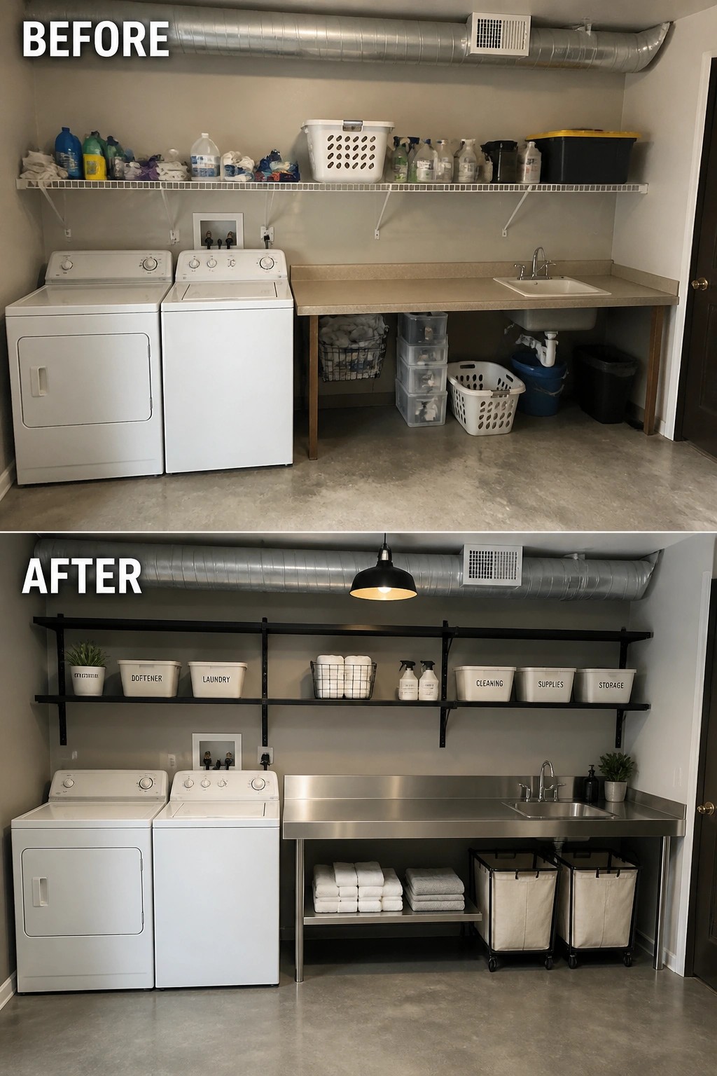 Before-and-after laundry room with cluttered shelves above organized black shelving and stainless counter