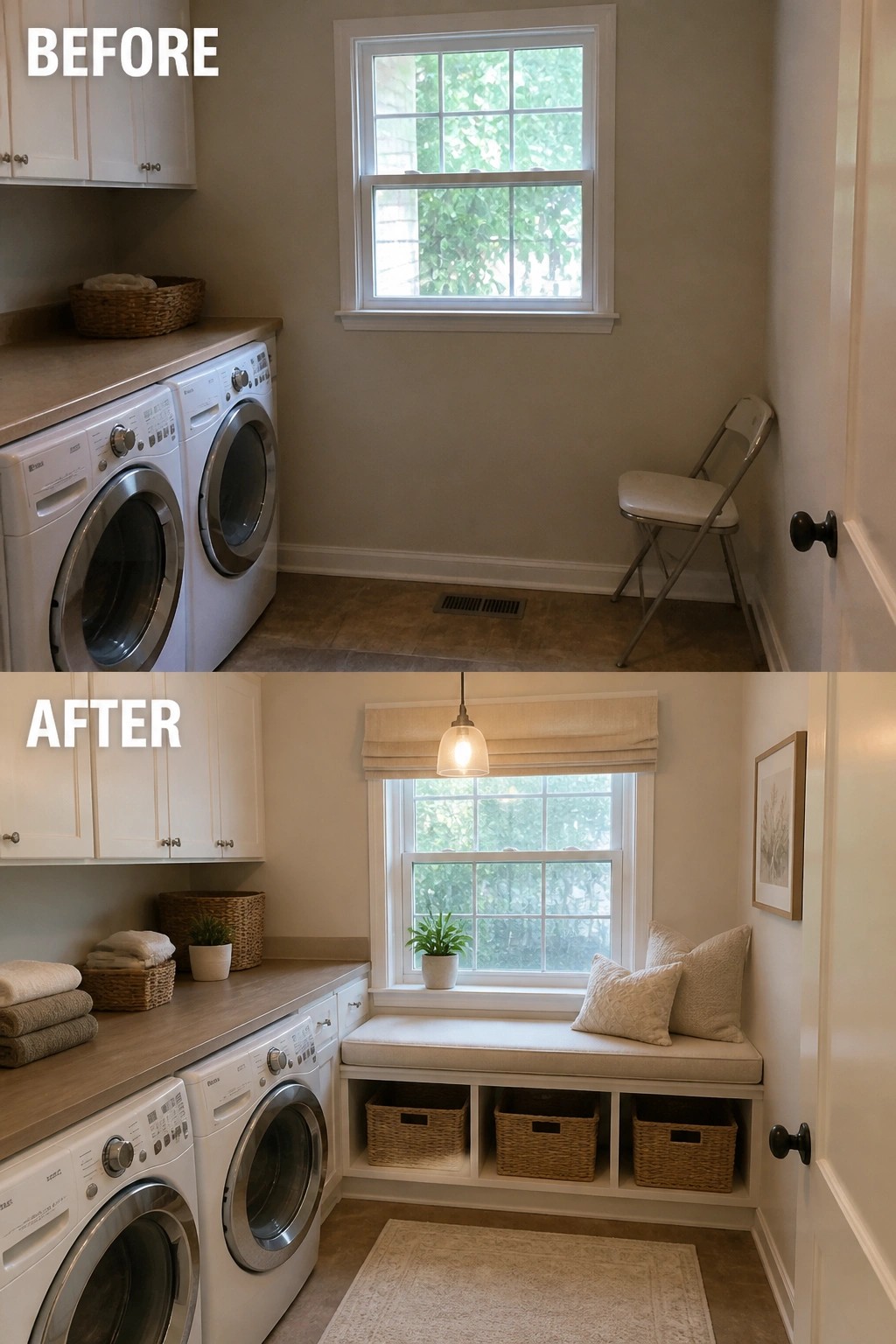 Before and after laundry room with new window seat and storage baskets.