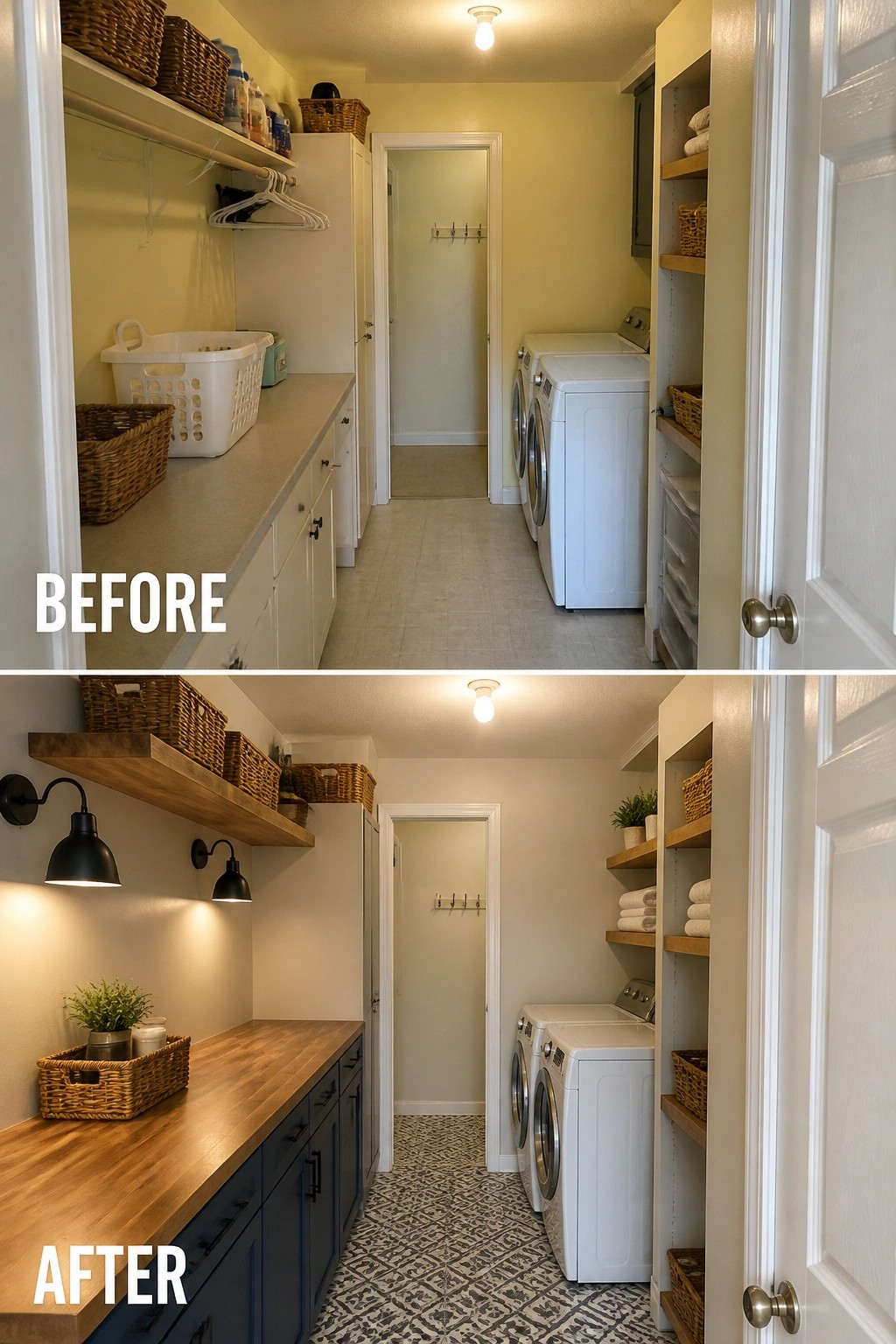 Before and after of laundry room with blue cabinets, wood counters, and patterned floor