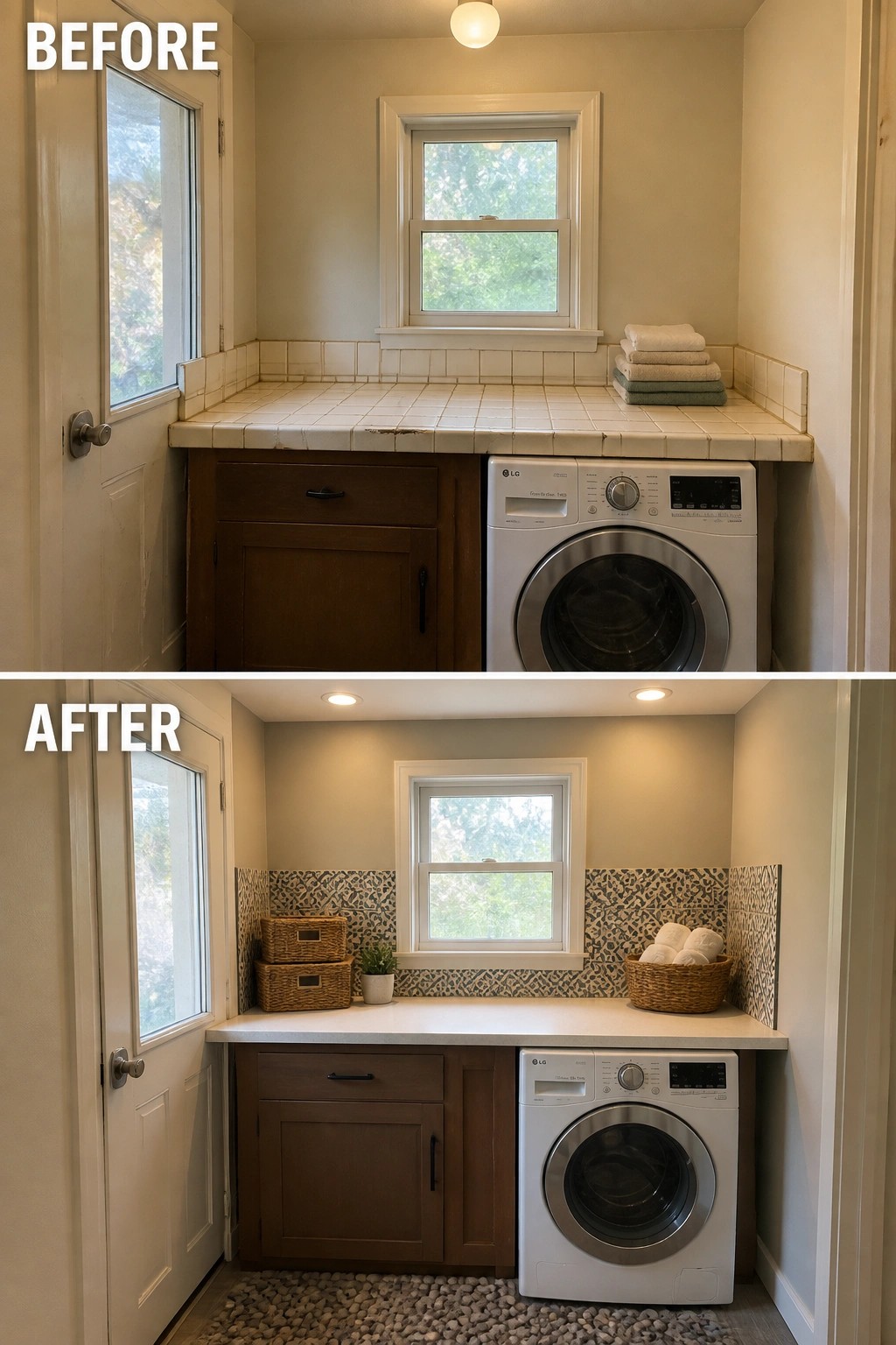Before and after laundry room with washing machine, wooden cabinets, and patterned tile.