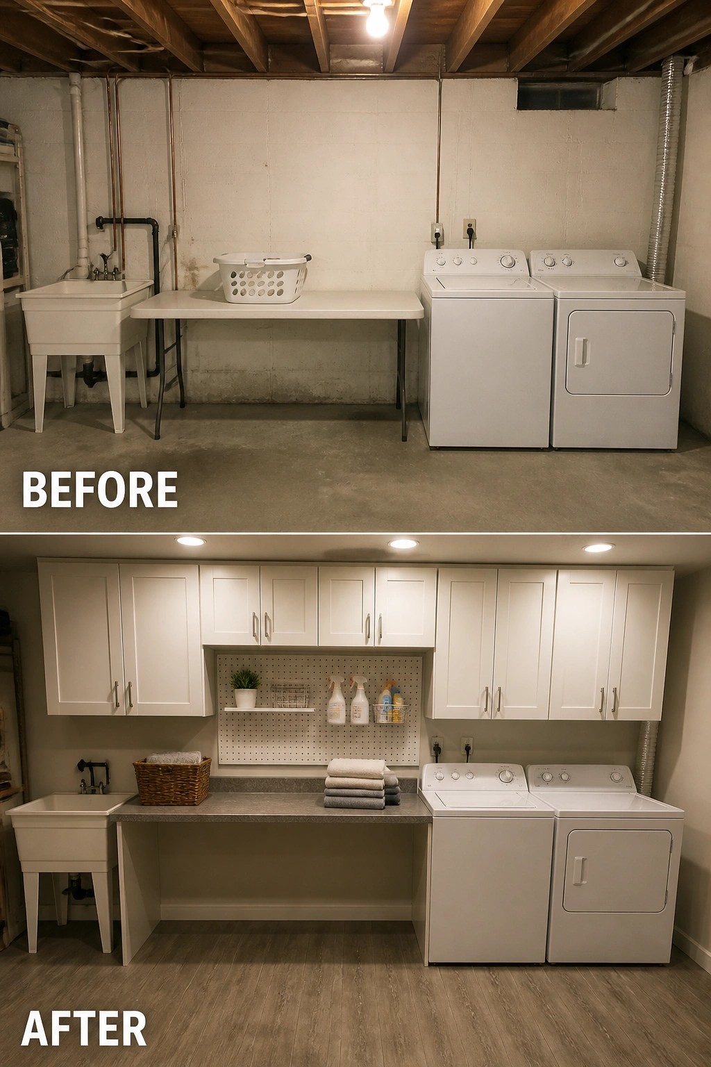 Before-and-after image of a laundry room showing a basic utility sink and folding table changed into a countertop folding station with upper cabinets, pegboard storage, and new flooring.