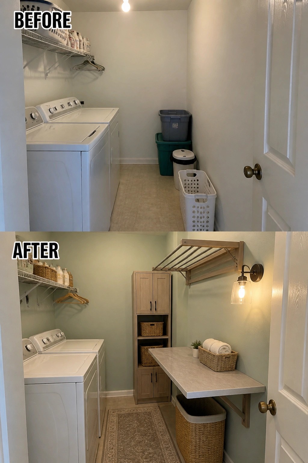 Before-and-after image of a laundry room with a new fold-down countertop folding station added along one wall.