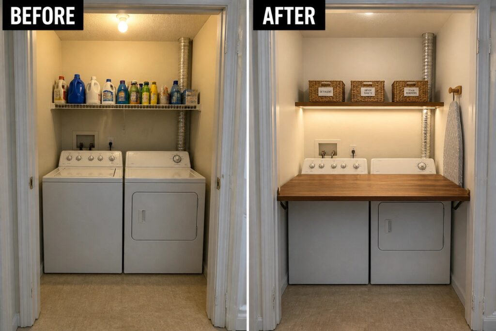 Before-and-after image of a laundry room with a fold-down wooden countertop added over stacked washer and dryer to create a folding station.