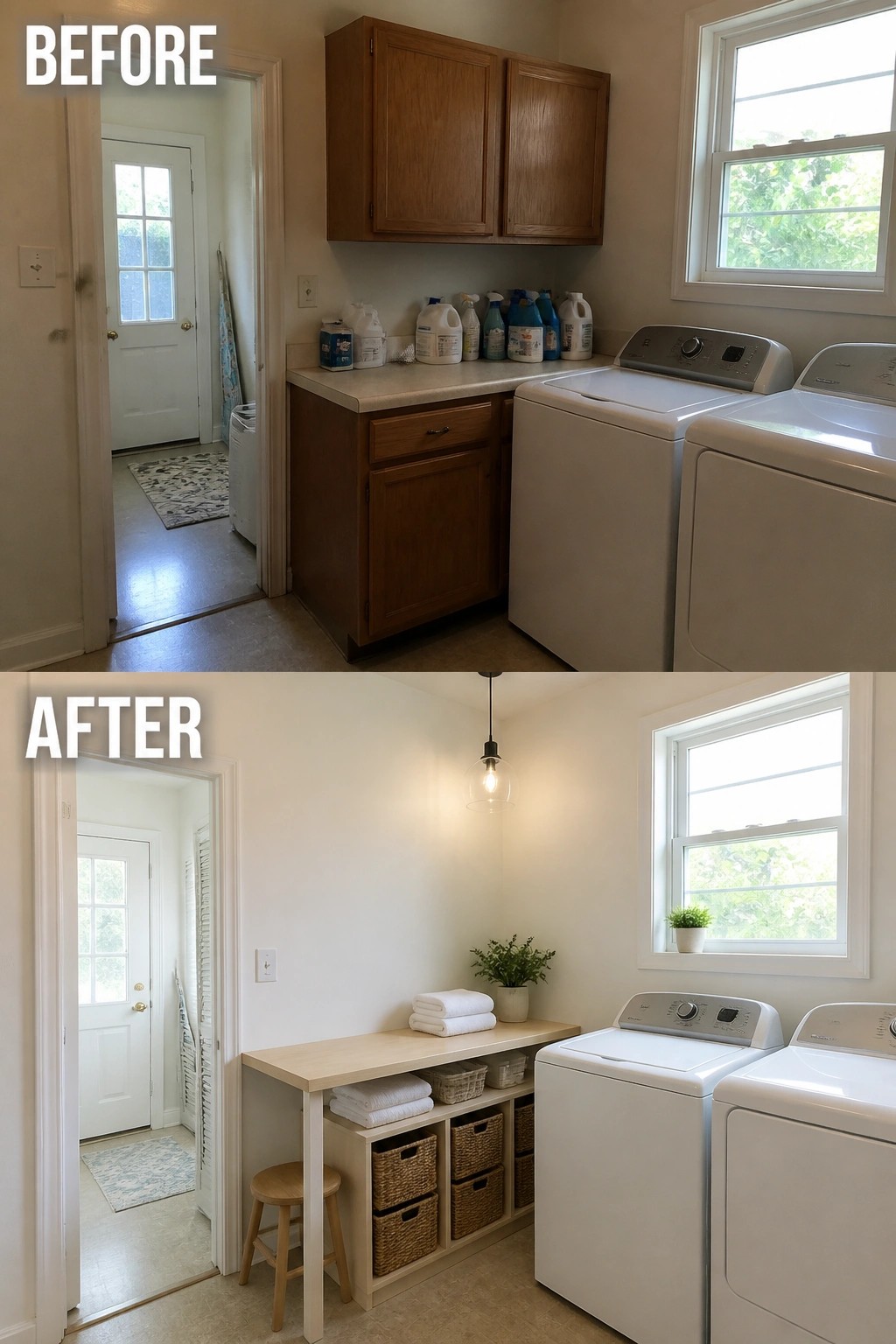 Before and after laundry room with new counter, baskets, stool and pendant light