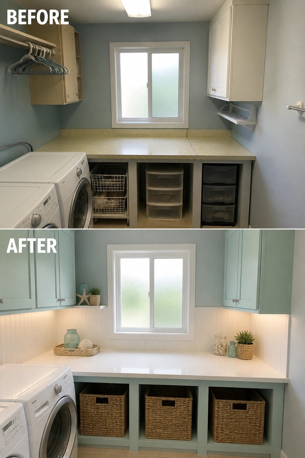 Before-and-after image of a laundry room showing open storage with wire baskets and plastic drawers changed to matching woven baskets under a white countertop folding station.