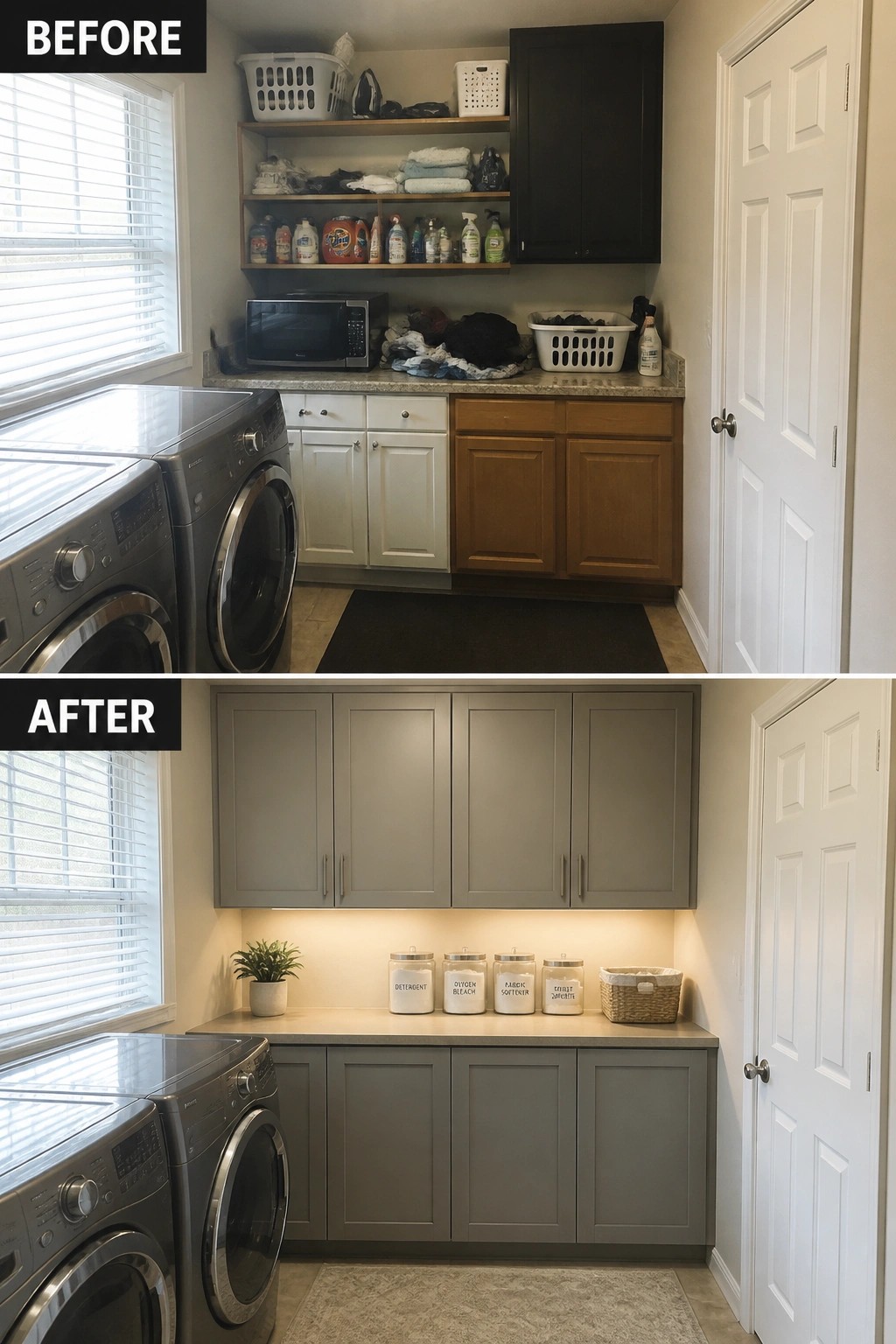 Before and after laundry room makeover with gray cabinets and organized countertop storage.