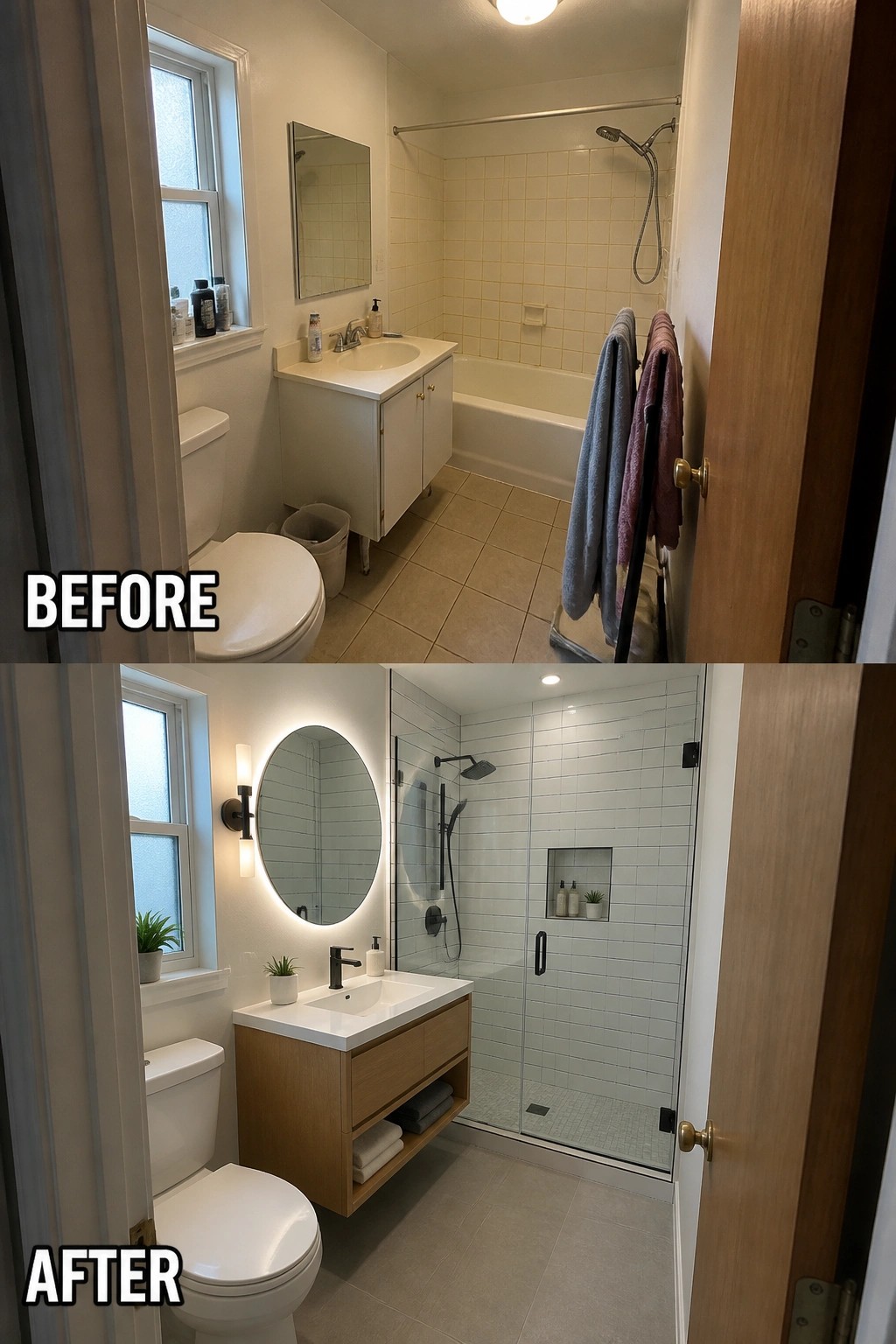 Before and after bathroom remodel with modern shower, floating vanity, and round mirror.