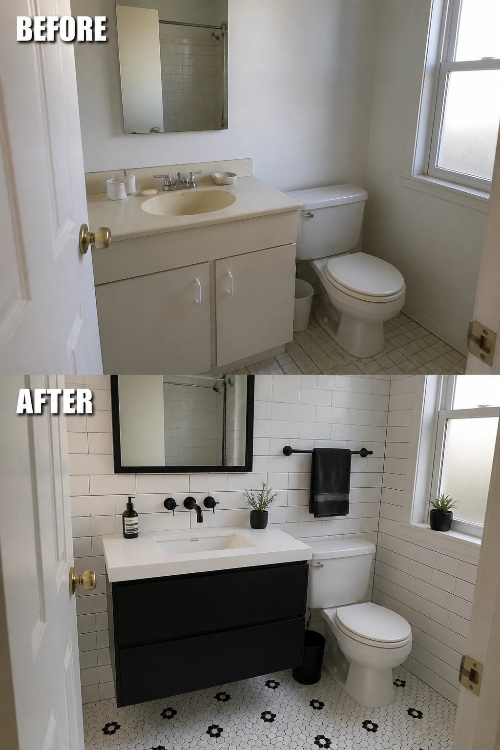 Before and after bathroom remodel with modern black vanity and patterned tile floor.