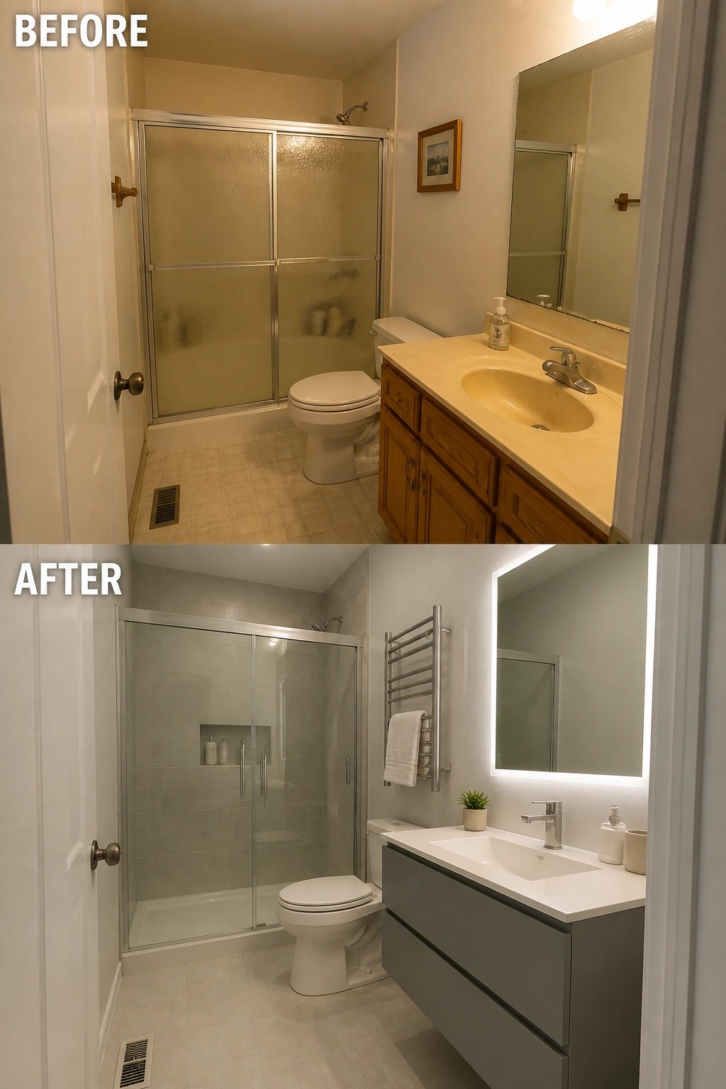 Before and after bathroom remodel with wooden versus modern gray vanity and tiles.