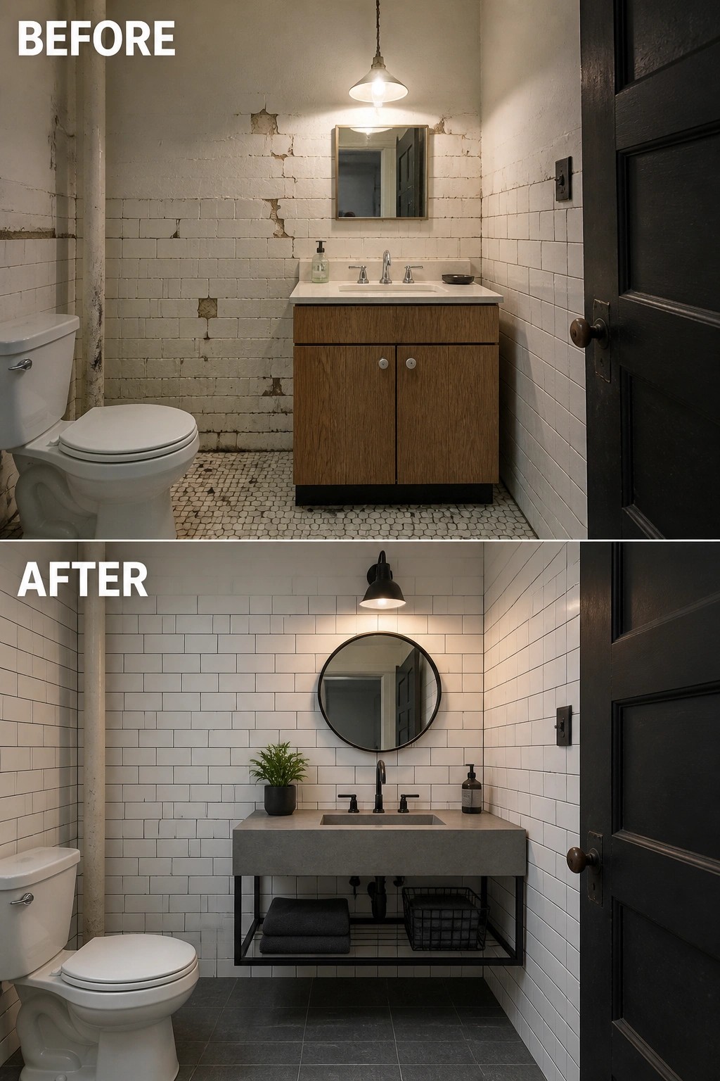 Before and after bathroom remodel with new concrete sink, round mirror, and white tiles.